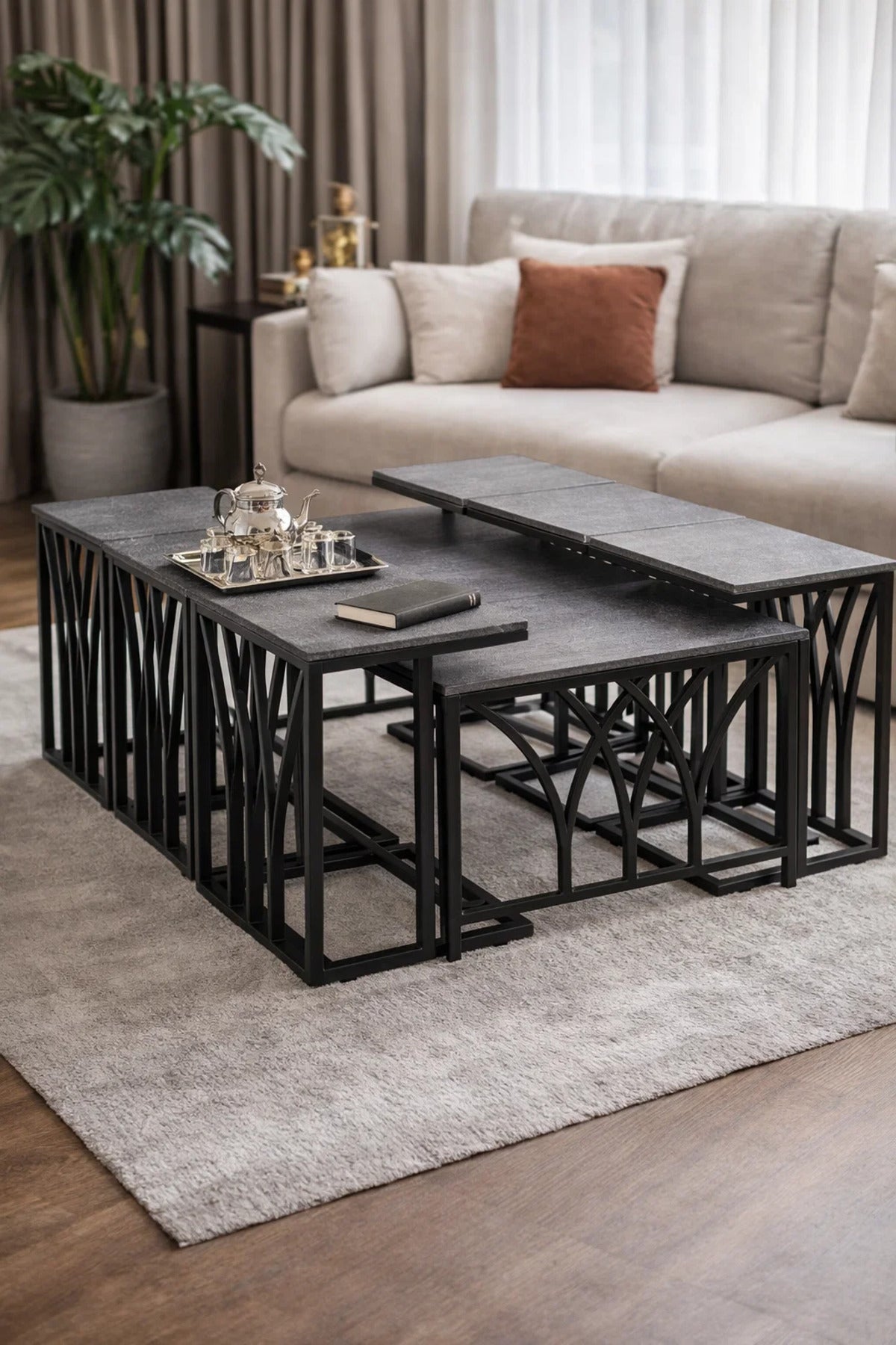 Modern Grey Coffee Table Set with 6 Side Tables 130 _ 70 45 cm modern grey coffee