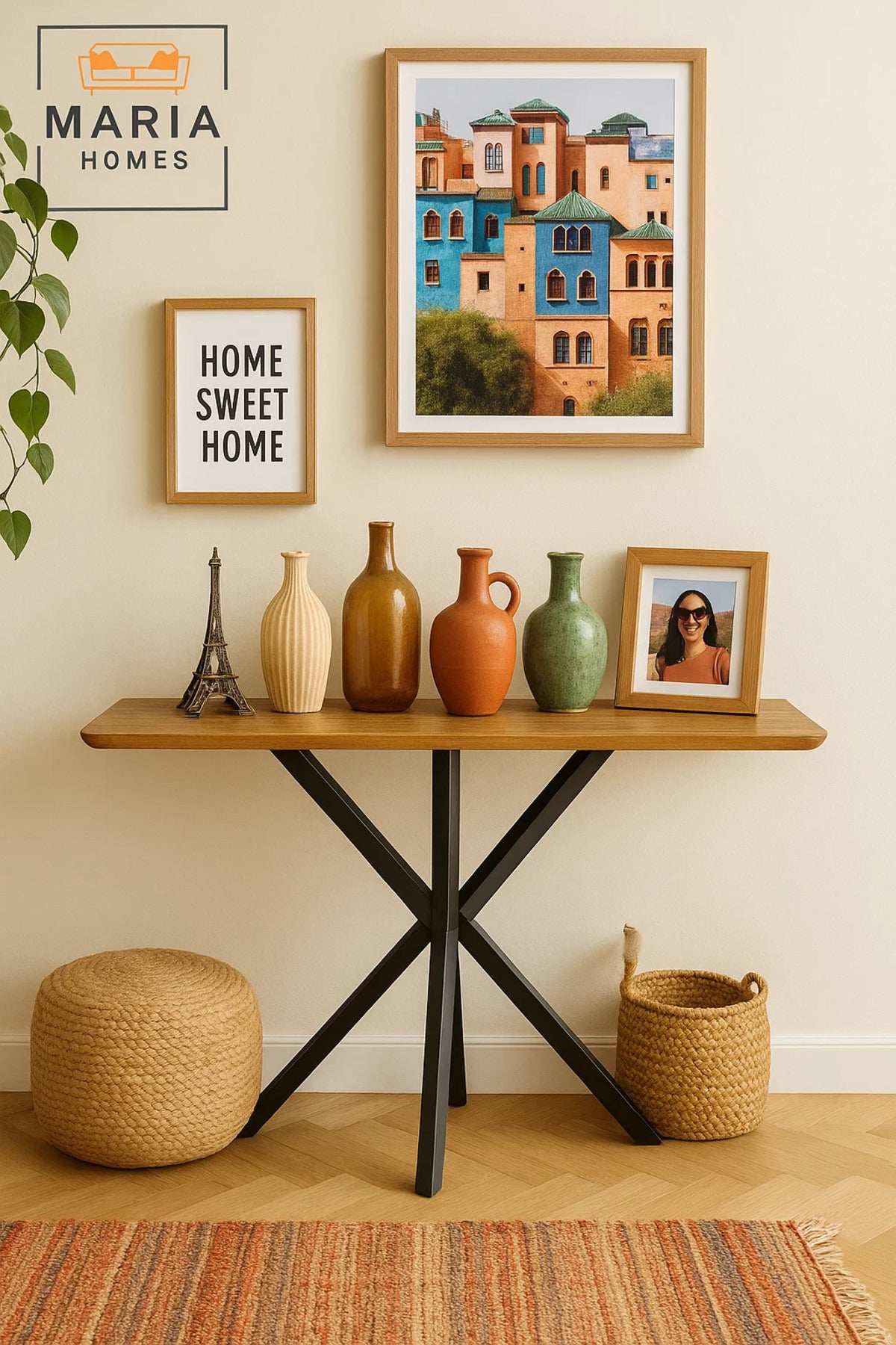 Modern Console Table 120x40x77cm with Black Metal Cross Legs and Wooden Top Ð Sleek Hallway Accent