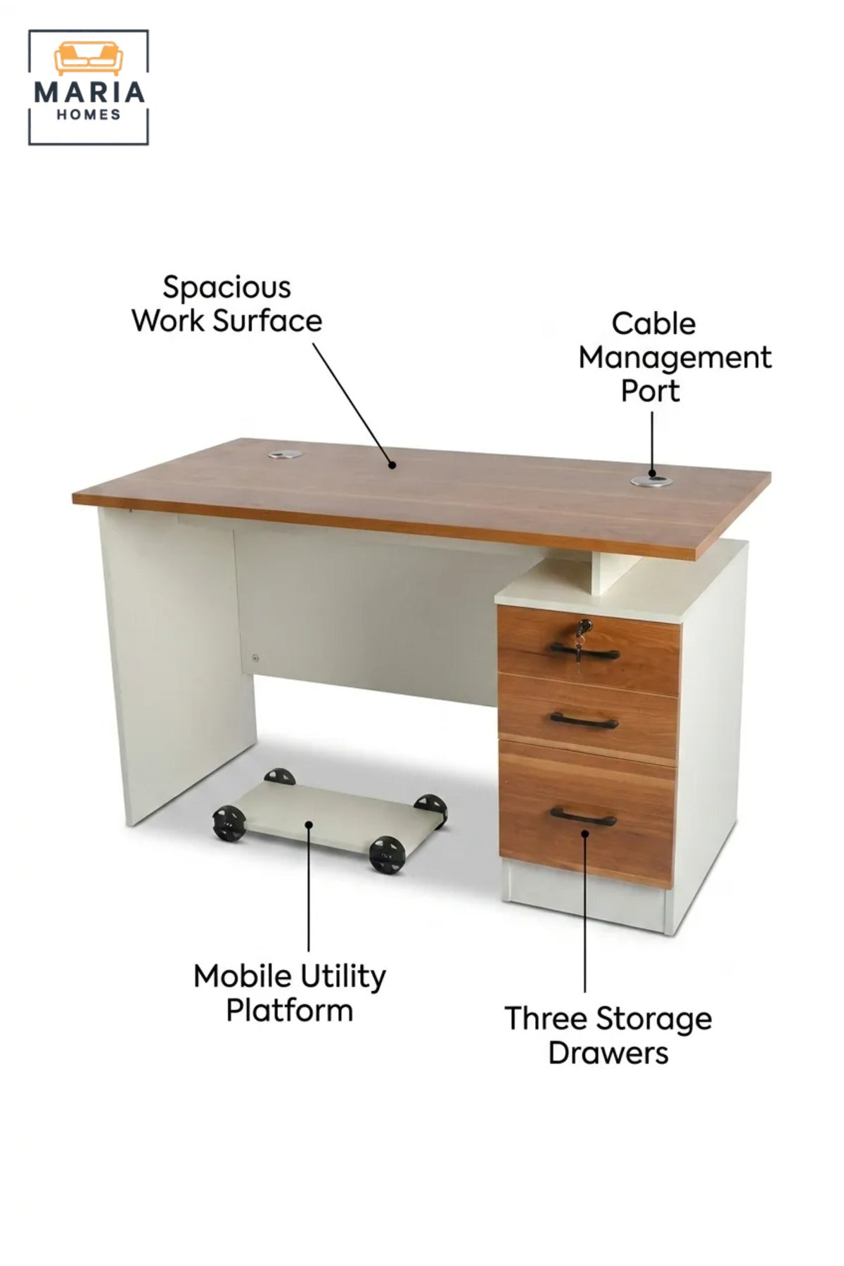 Modern Office Desk with Wooden Top, Lockable Drawers and Mobile CPU Stand, Computer Workstation for Home Office, Study Room and Workplace