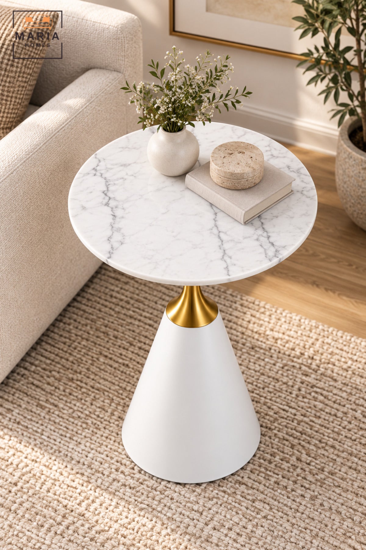 Modern Round Side Table with White Marble-Effect Top, White Cone Pedestal Base and Gold Accent for Living Room & Bedroom – 60 × 67.5 CM