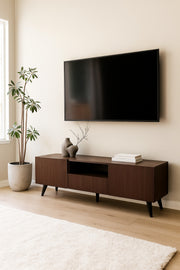 Brown Wooden TV Stand 160_40_55 cm Ð Modern Ribbed Design TV Unit with Storage Cabinets and