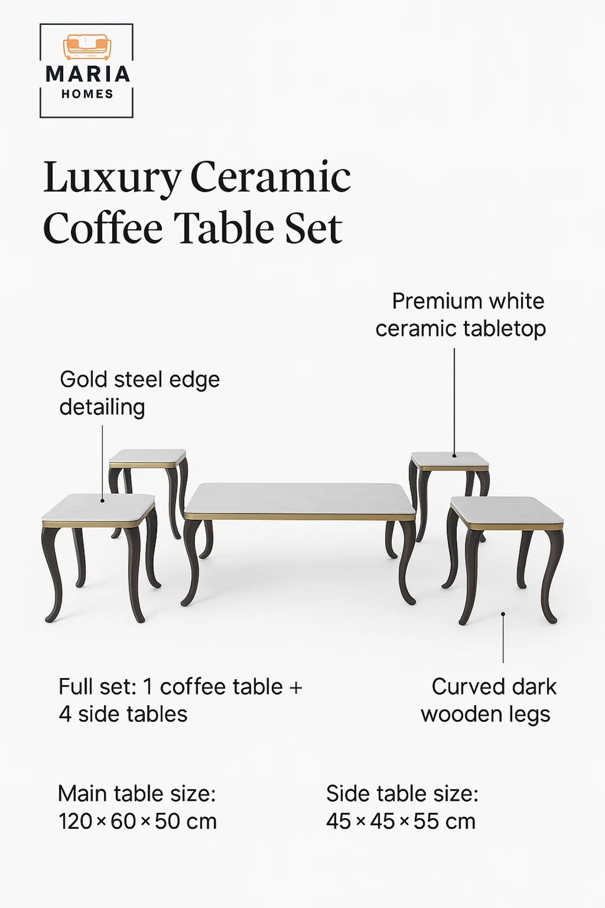 Ceramic Marble Tea Table Set 1+4 – Square Coffee Table and Side Tables 120×60×50 / 45×45×55