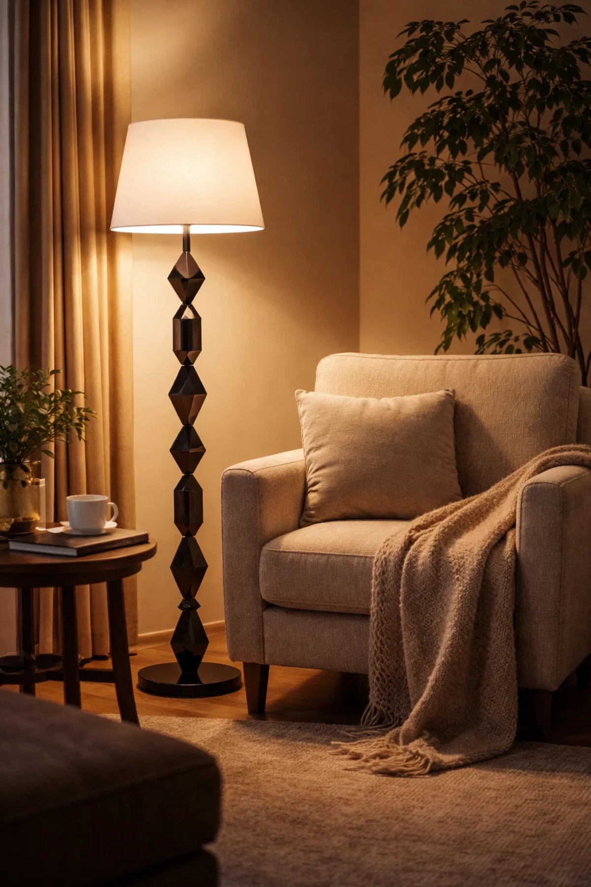 Modern Decorative Floor Lamp with Fabric Shade and Geometric Base Design