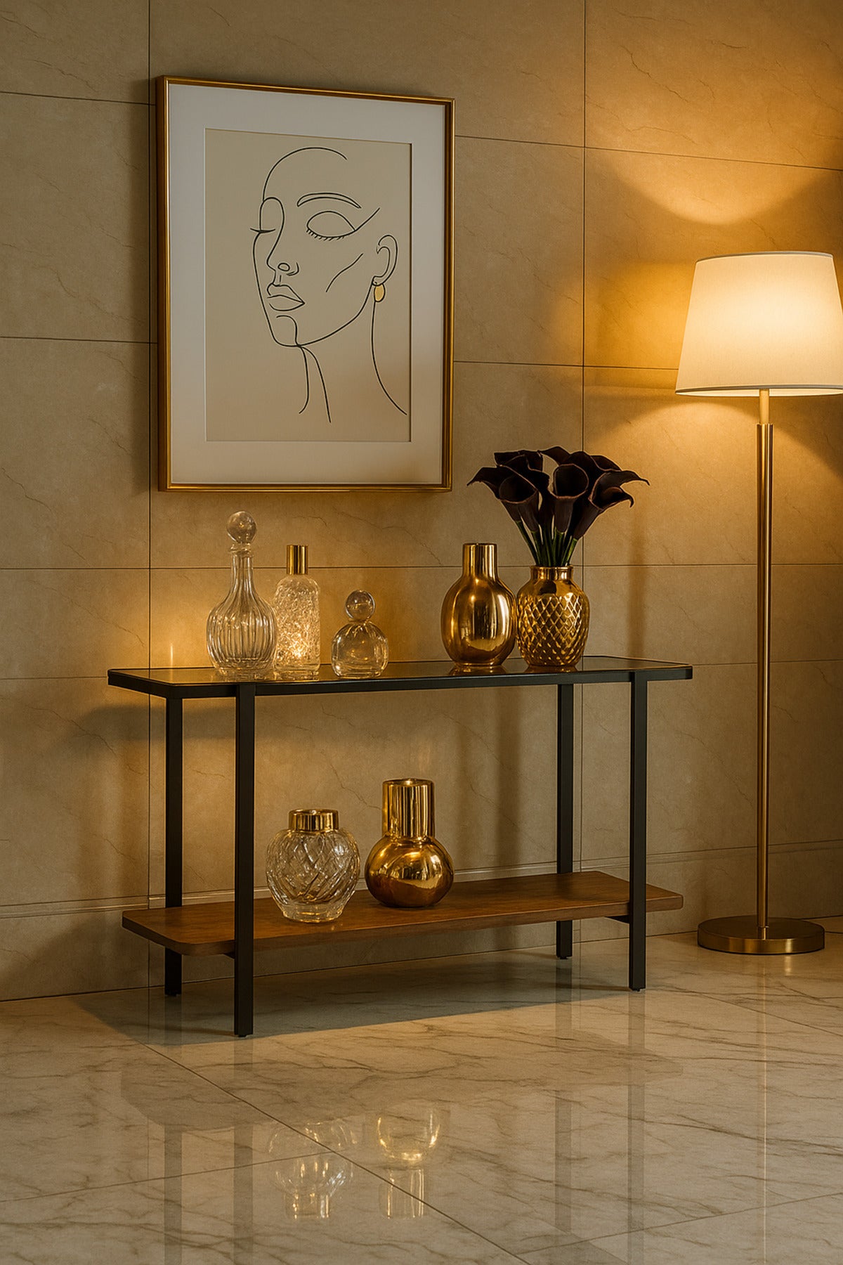 Modern Console Table with Glass Top Ð 140_40_80 cm | Brown Wood Shelf and Black Metal Frame