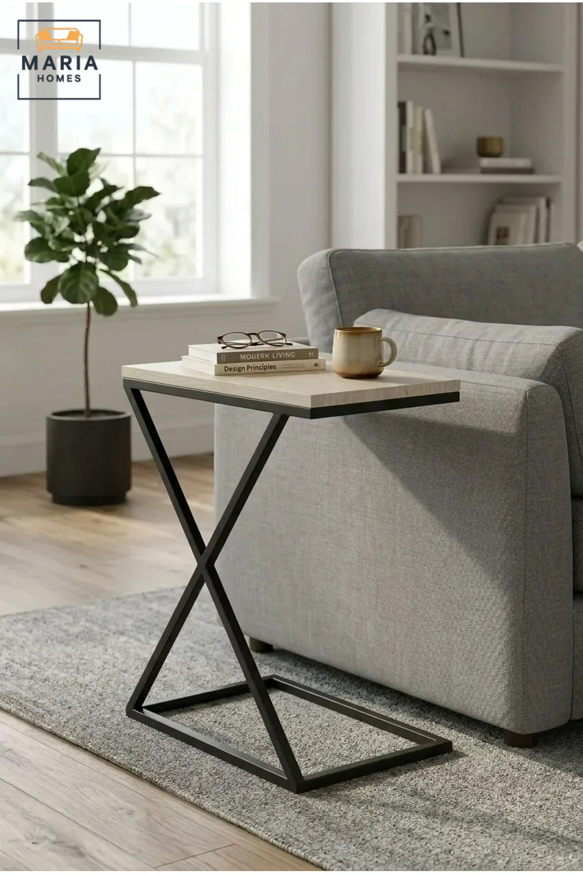 Modern C-Shaped Side Table with Stone-Effect Top & Geometric Base, Contemporary Sofa End Table for Living Room, Bedroom & Lounge