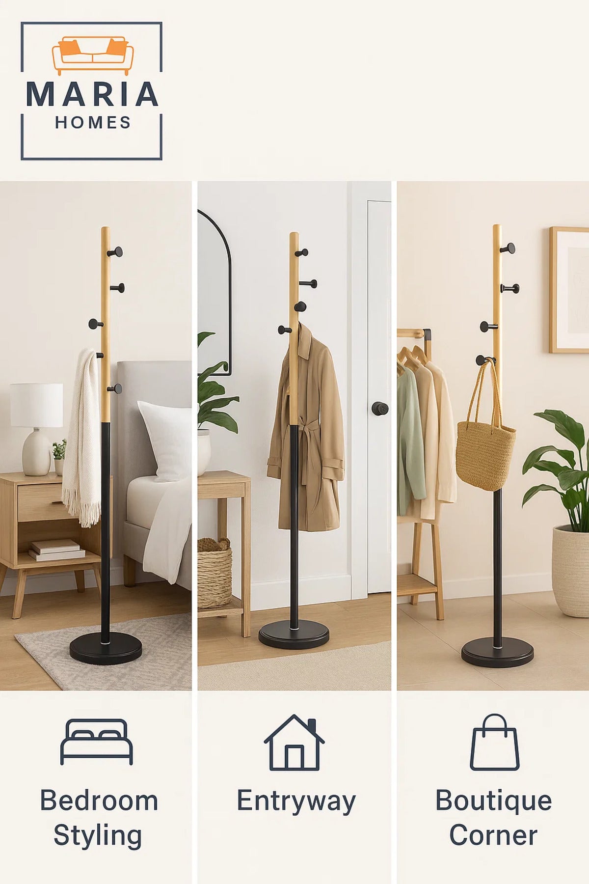 Modern Wood & Black Metal Coat Rack with Side Peg Hooks