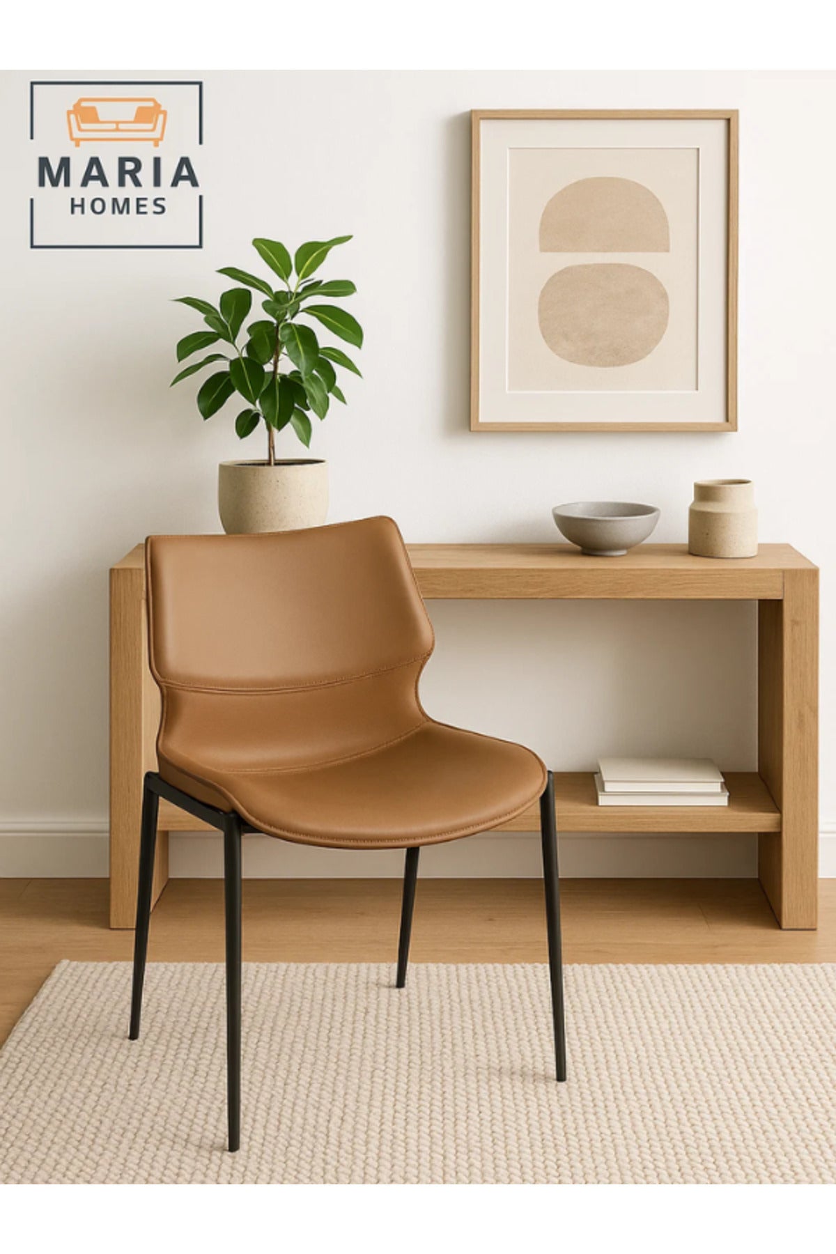 Modern Light Coffee Dining Chair with Cushioned Seat and Black Metal Legs