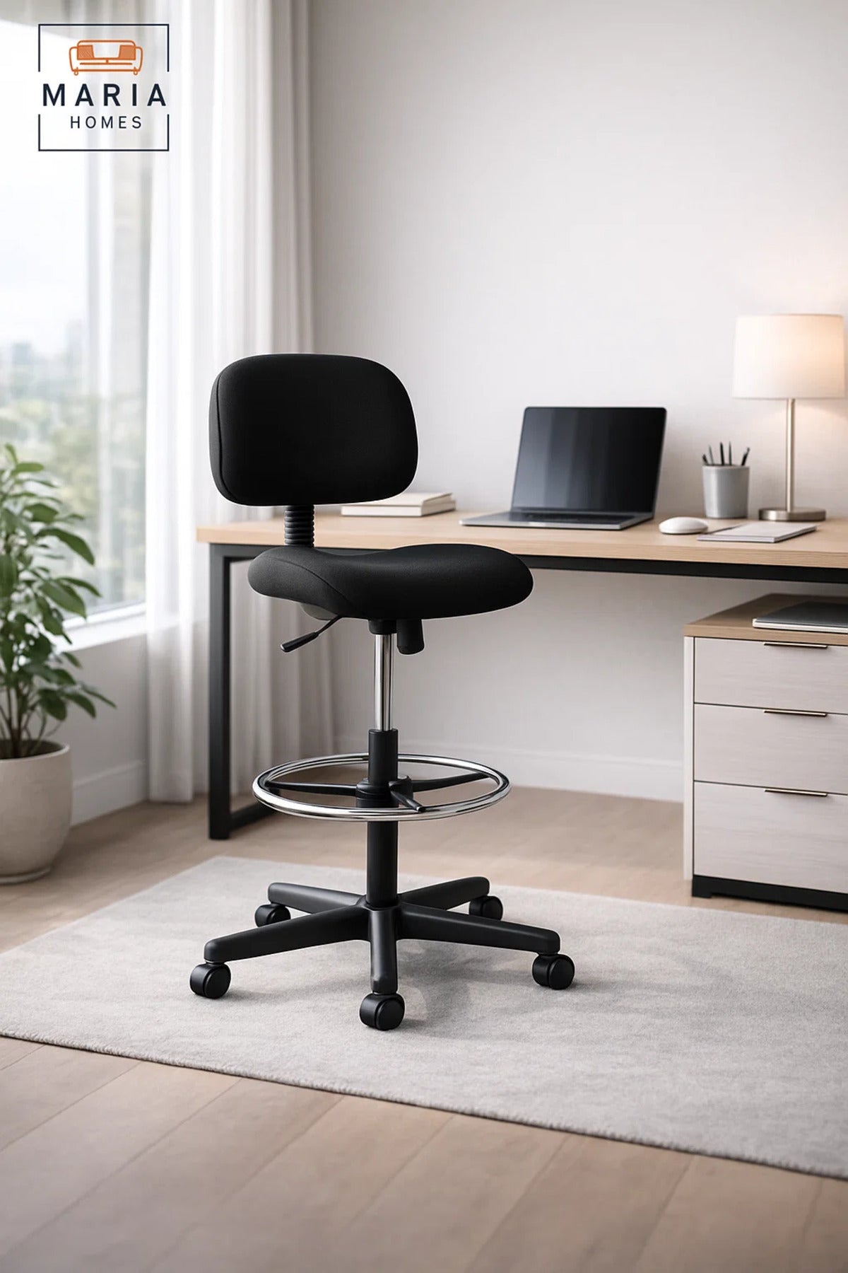 Adjustable Office Chair Black with Backrest Foot Ring and Wheels