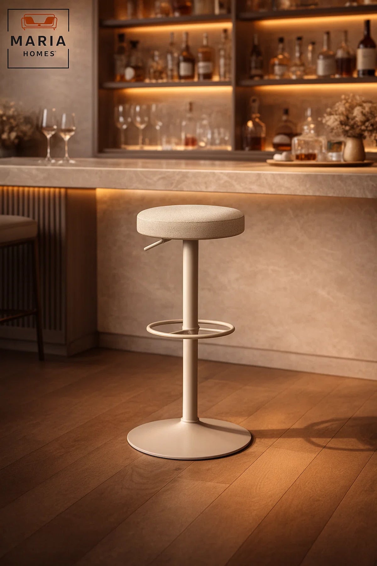 Modern Adjustable Bar Stool Beige Round Seat with Footrest