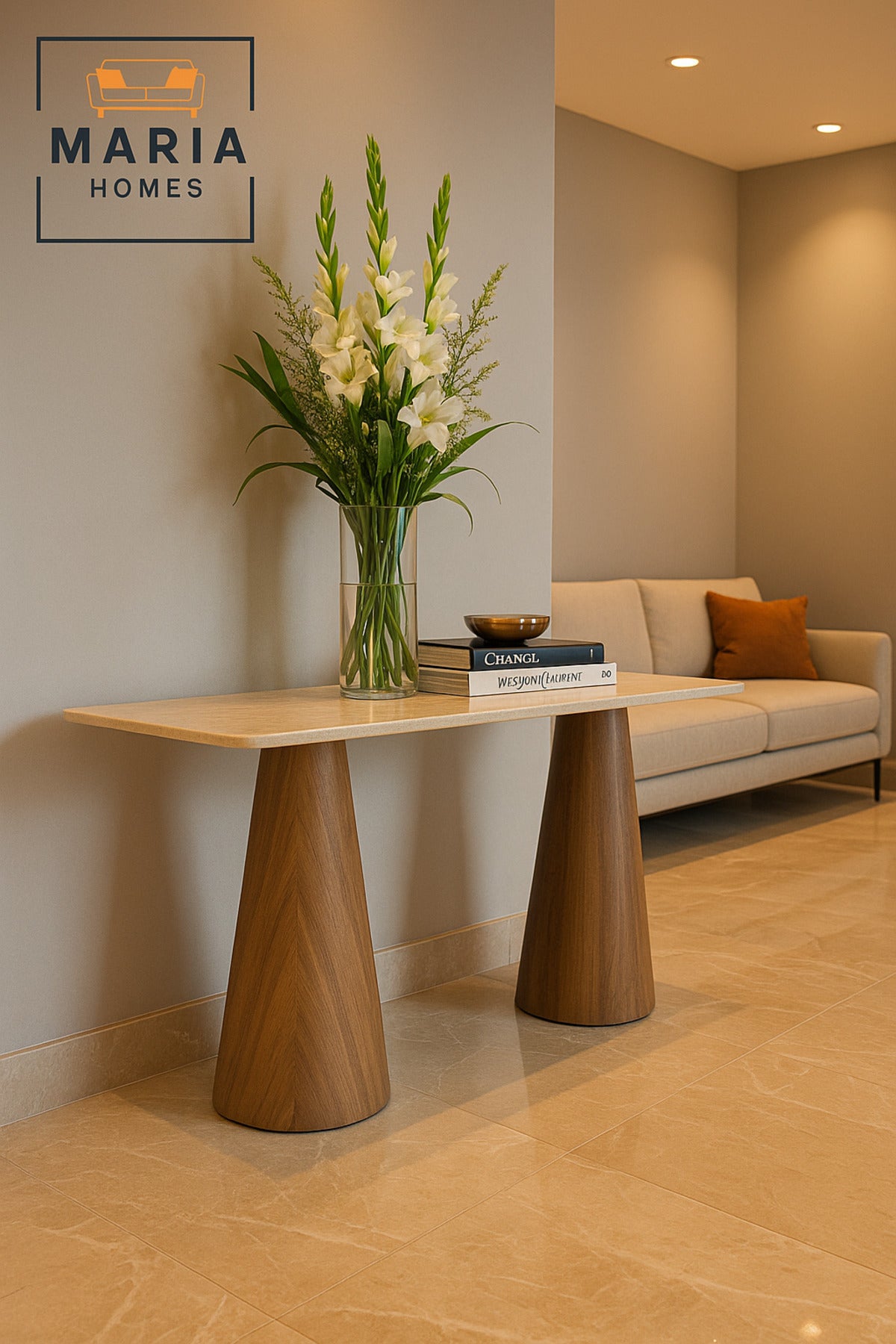 Beige Top Console Table with Brown Wooden Base Ð Modern Entryway & Living Room Table 140_40_80 cm