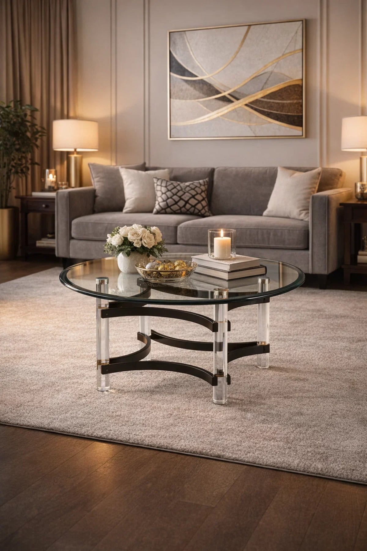 Modern Round Glass Center Table with Black Acrylic Frame for Stylish Living Room Decor 90cm