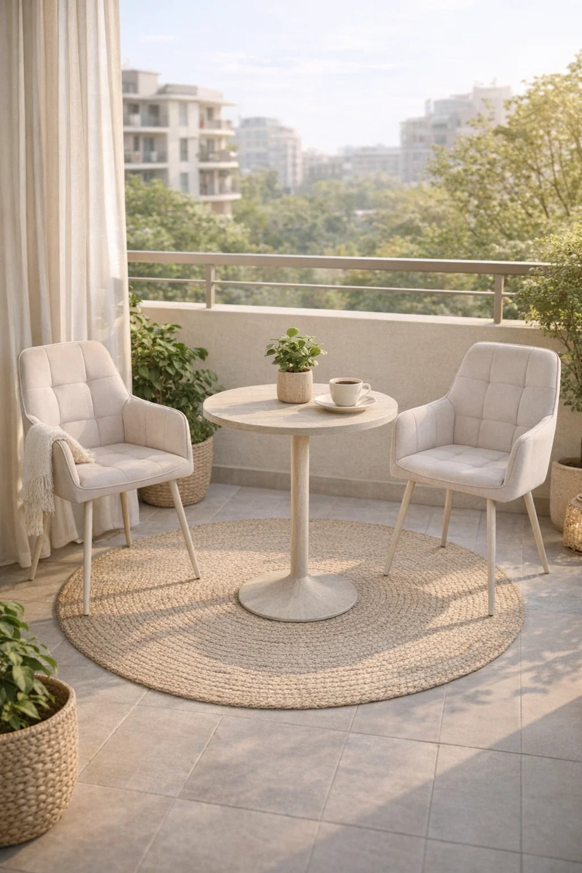 Stylish Beige Conversation Set 2 Soft Armchairs and Round Table for Balcony Cafe Office Nook