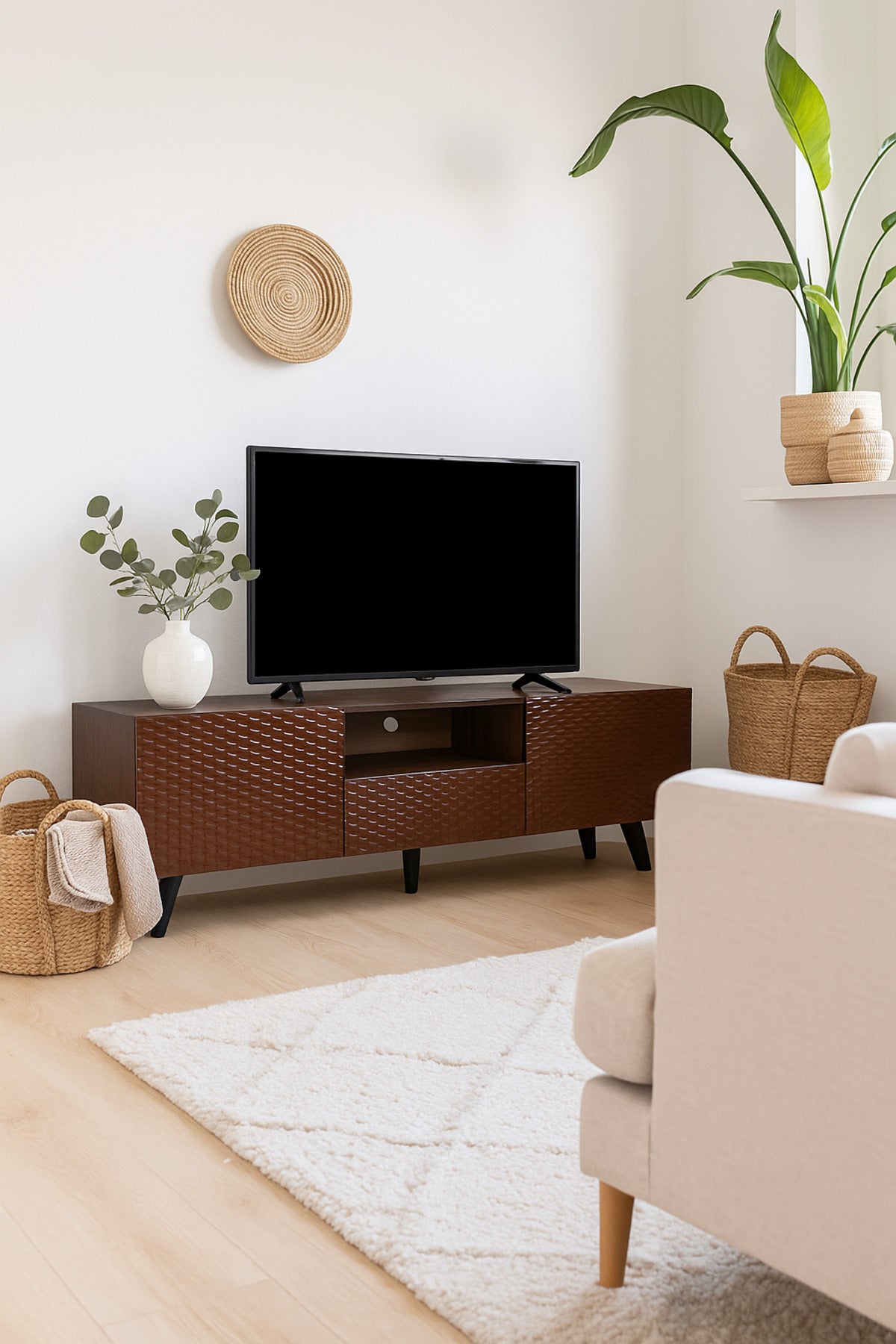 Brown Wooden TV Stand 180_40_61 cm Ð Modern Textured Design TV Unit with Storage Cabinets