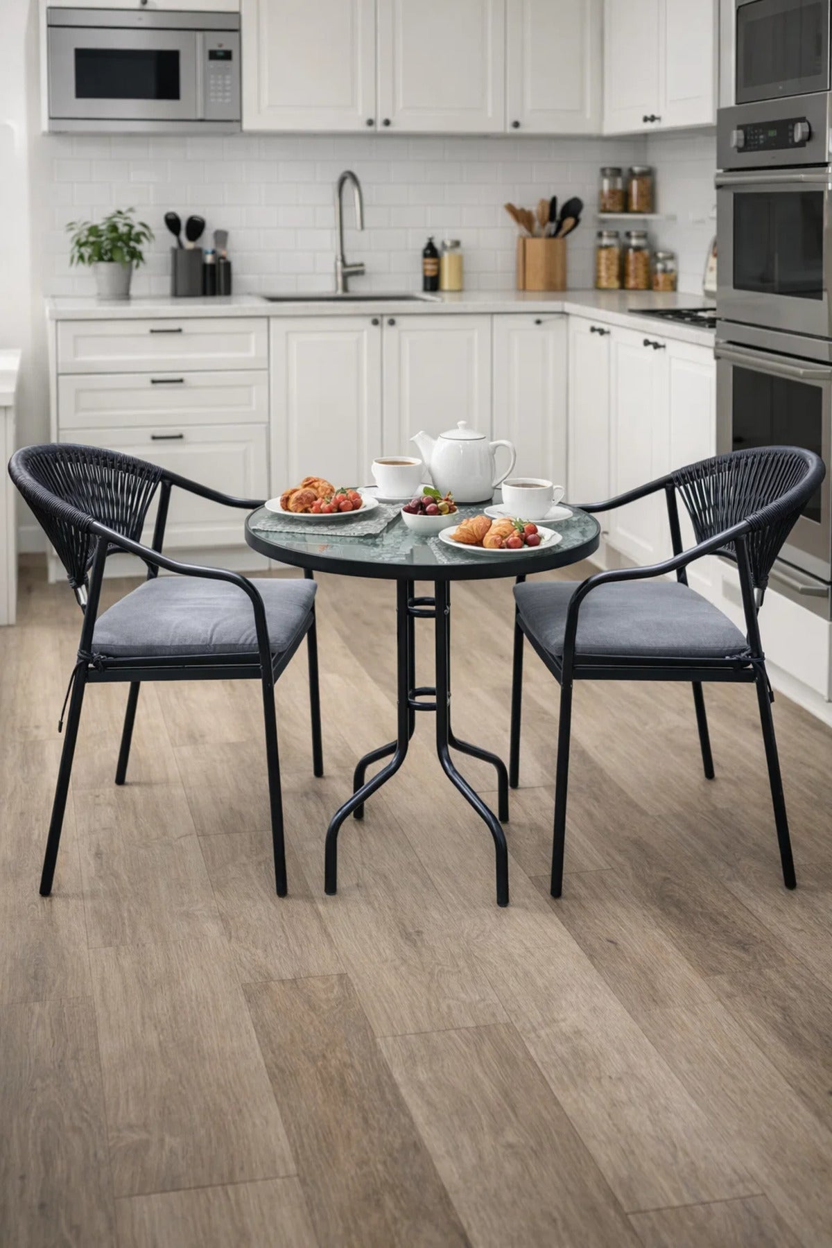 Black & Grey Outdoor Bistro Set with 2 Chairs and Round Table