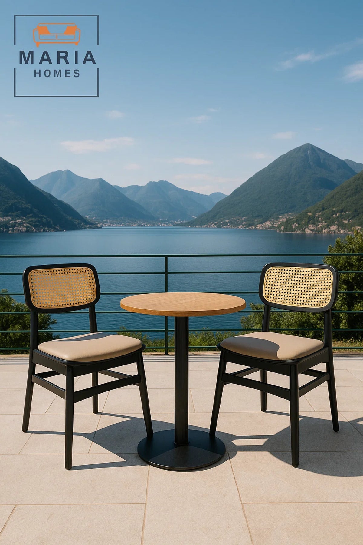 Black Wooden Chair with Rattan Backrest and Padded Beige Seat Ð Modern Cane Dining Chair