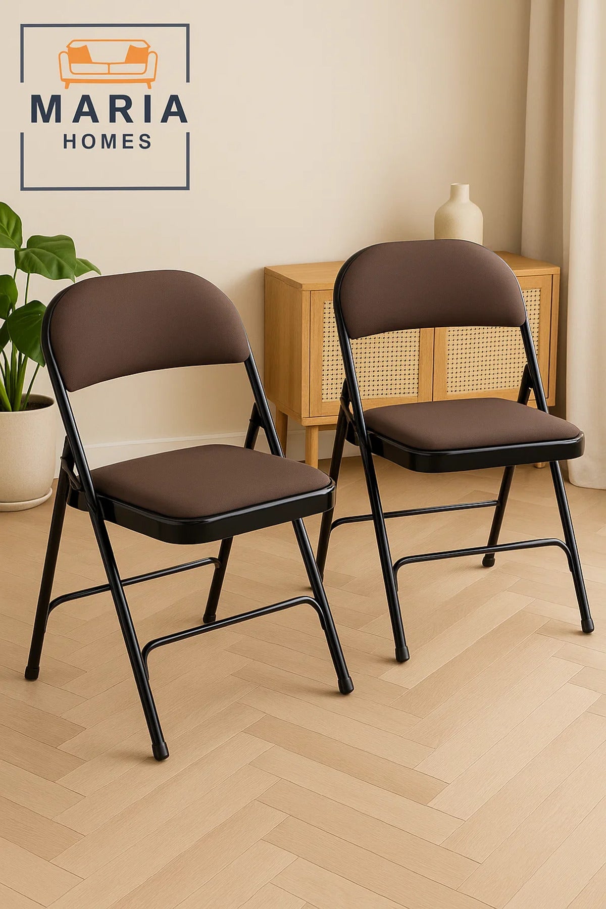 Durable Black Folding Chair with Brown Cushion for Home & Events