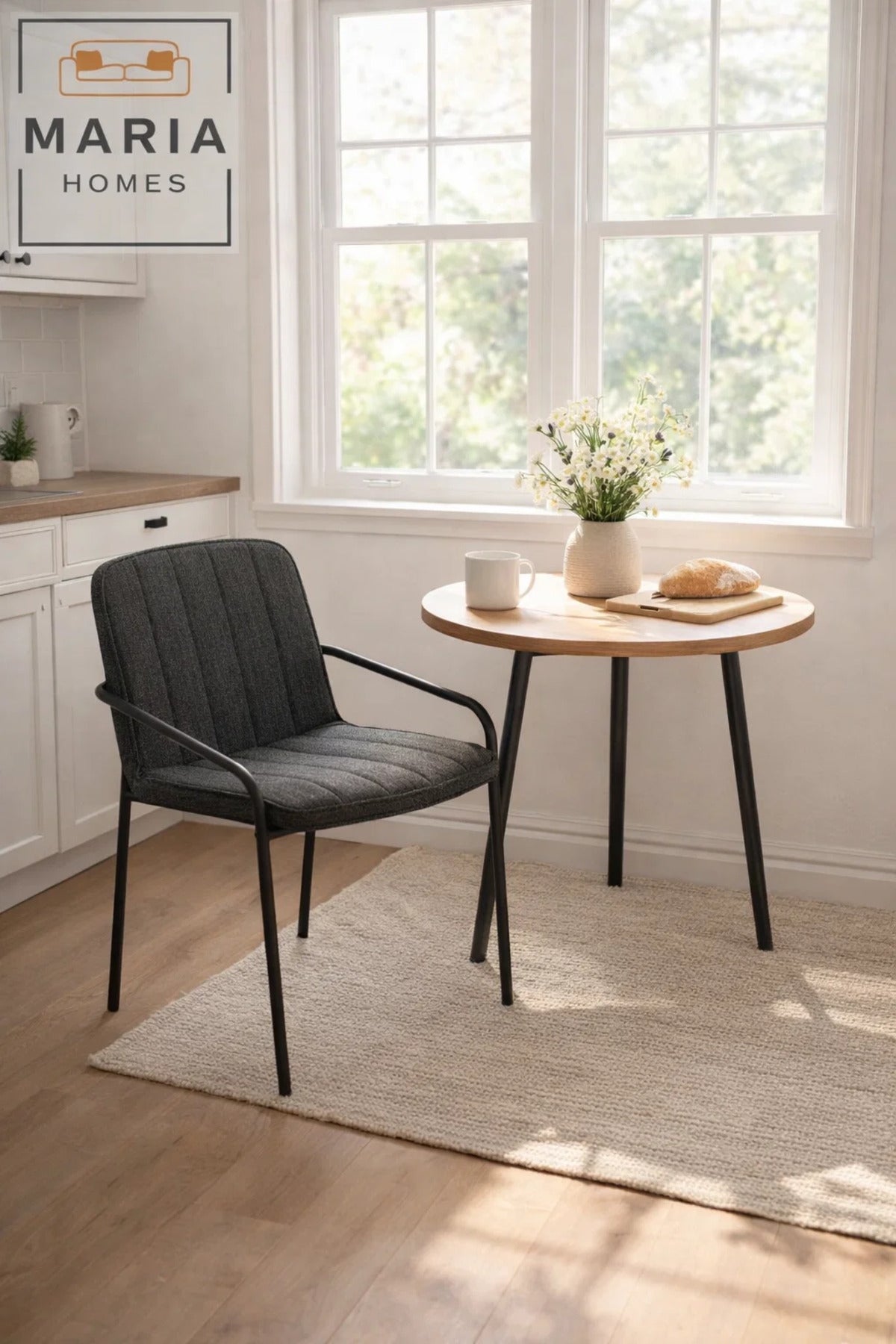 Deep Grey Upholstered Dining Chair with Black Metal Legs Ð Modern Accent Chair