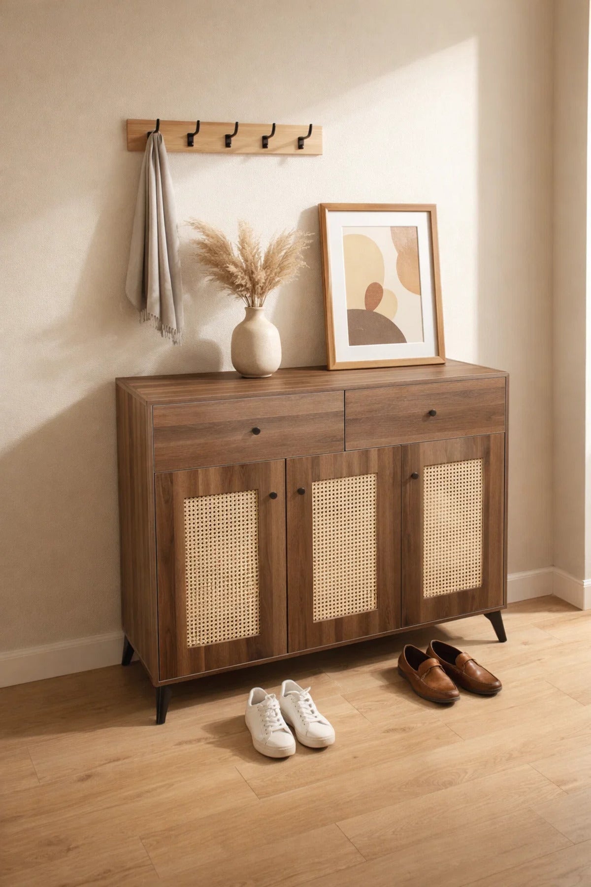 Rattan Shoe Cabinet Sideboard with Drawers and Spacious Storage for Modern Home Entryways