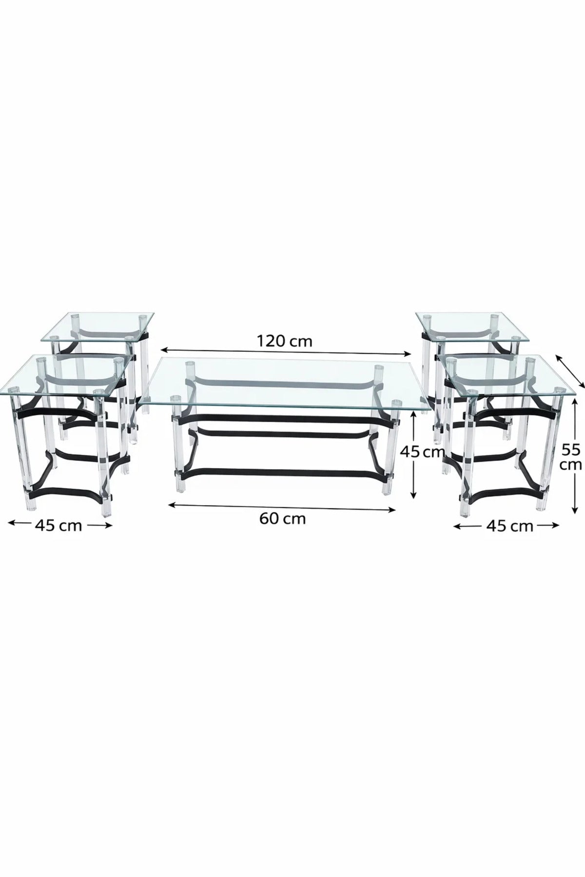 Modern 5-Piece Center Table Set Acrylic Legs Tempered Glass Top Black Details Living Room Unit