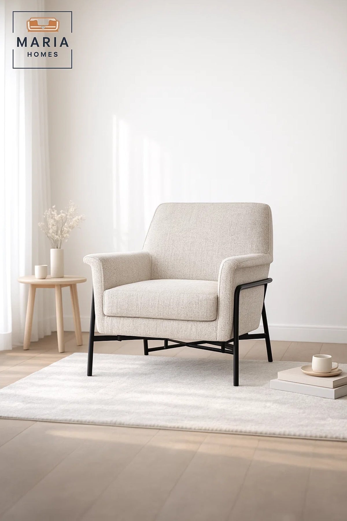 Modern Upholstered Armchair Beige Comfortable Accent Chair with Metal Frame