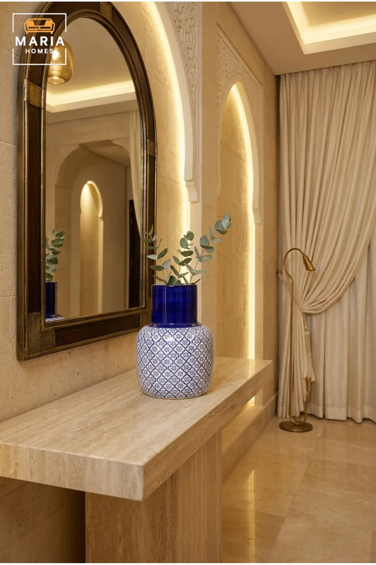 Blue and White Patterned Decorative Vase, Modern Ceramic Flower Holder with Tall Glossy Neck for Living Room, Bedroom, Office, Shelf and Table Décor