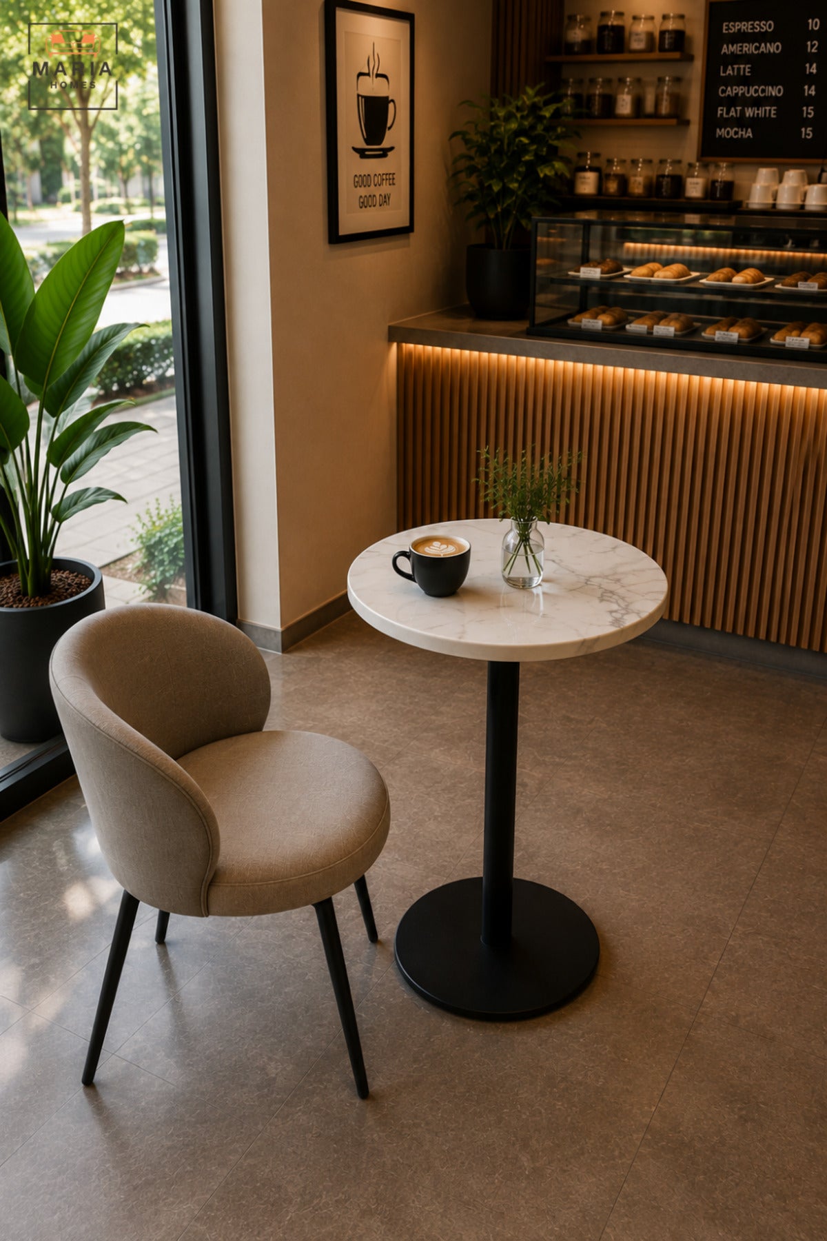 Modern Round Café Table with White Top, Black Pedestal Base & Minimalist Design, Bistro Table for Coffee Shop Restaurant Dining Area, 60 x 35 CM