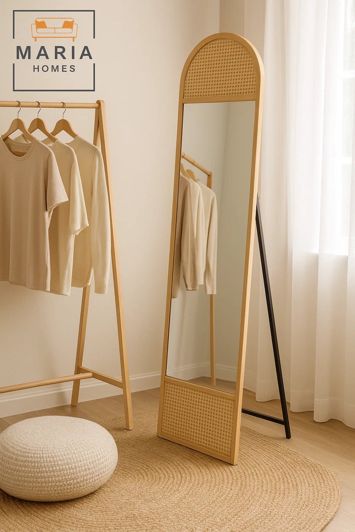 Natural Rattan Arched Full-Length Mirror Ð Freestanding Wood Frame Dressing Mirror for Bedroom