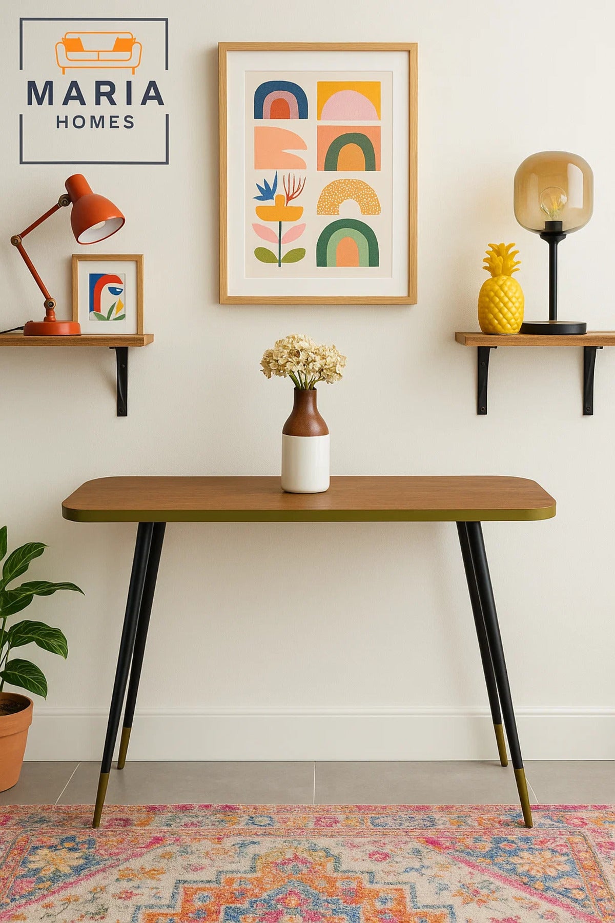 Mid-Century Modern Console Table 120x40x75cm Ð Walnut Top with Gold Accent and Tapered Legs