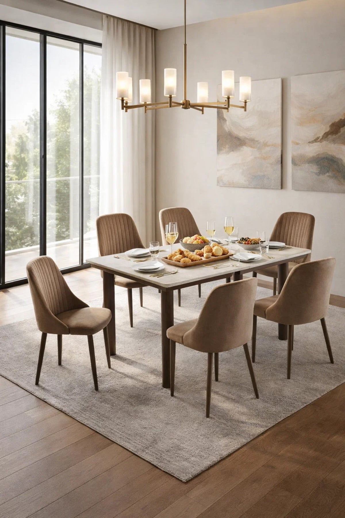 Elegant 6-Person Dining Room Set with Marble Pattern Table and Upholstered Velvet Chairs Brown