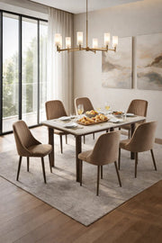 Elegant 6-Person Dining Room Set with Marble Pattern Table and Upholstered Velvet Chairs Brown