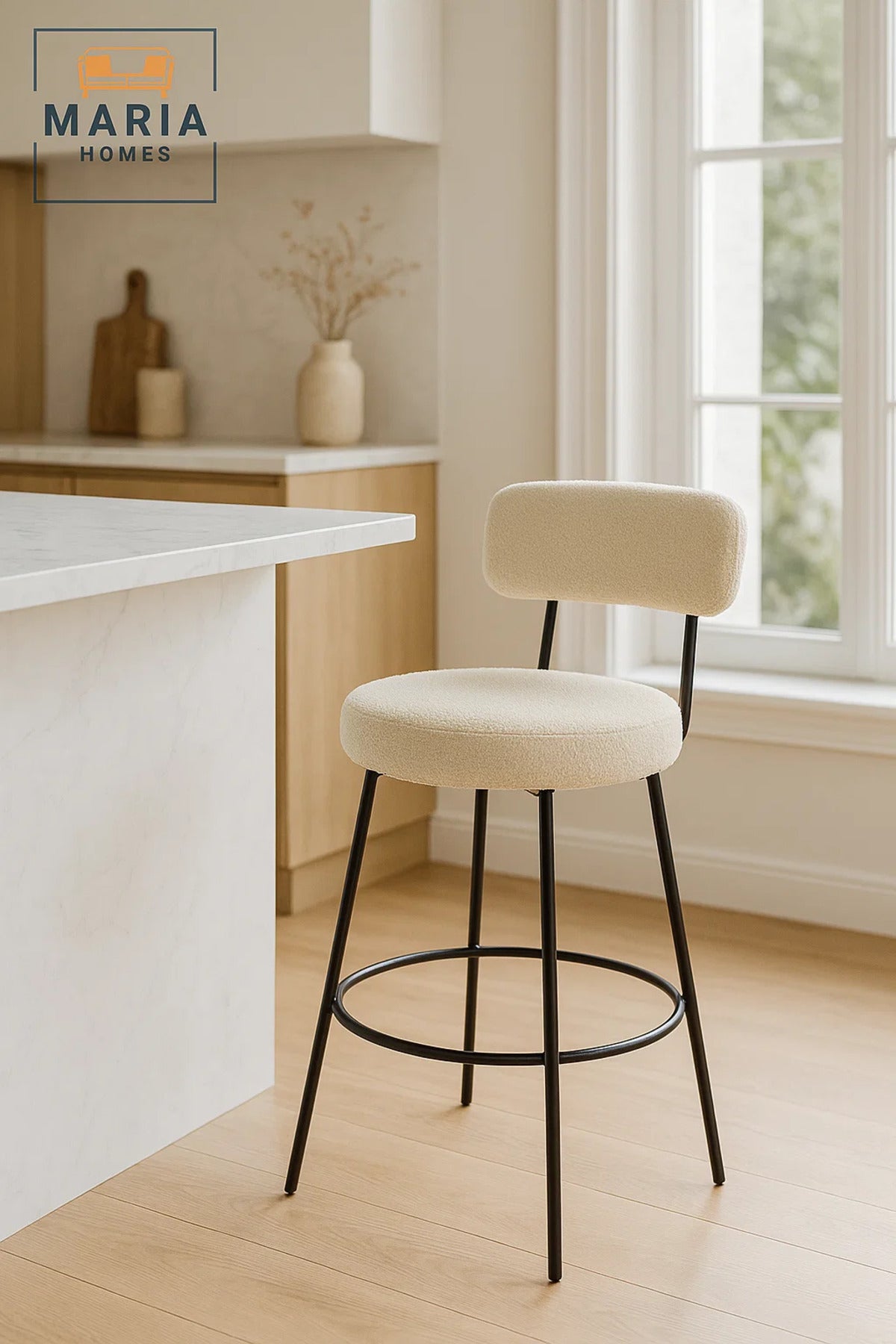Beige Boucle Counter Bar Stool with Metal Frame, Upholstered Round Seat for Kitchen Island