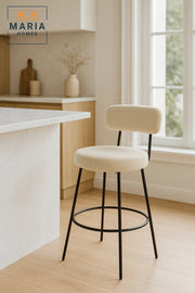 Beige Boucle Counter Bar Stool with Metal Frame, Upholstered Round Seat for Kitchen Island