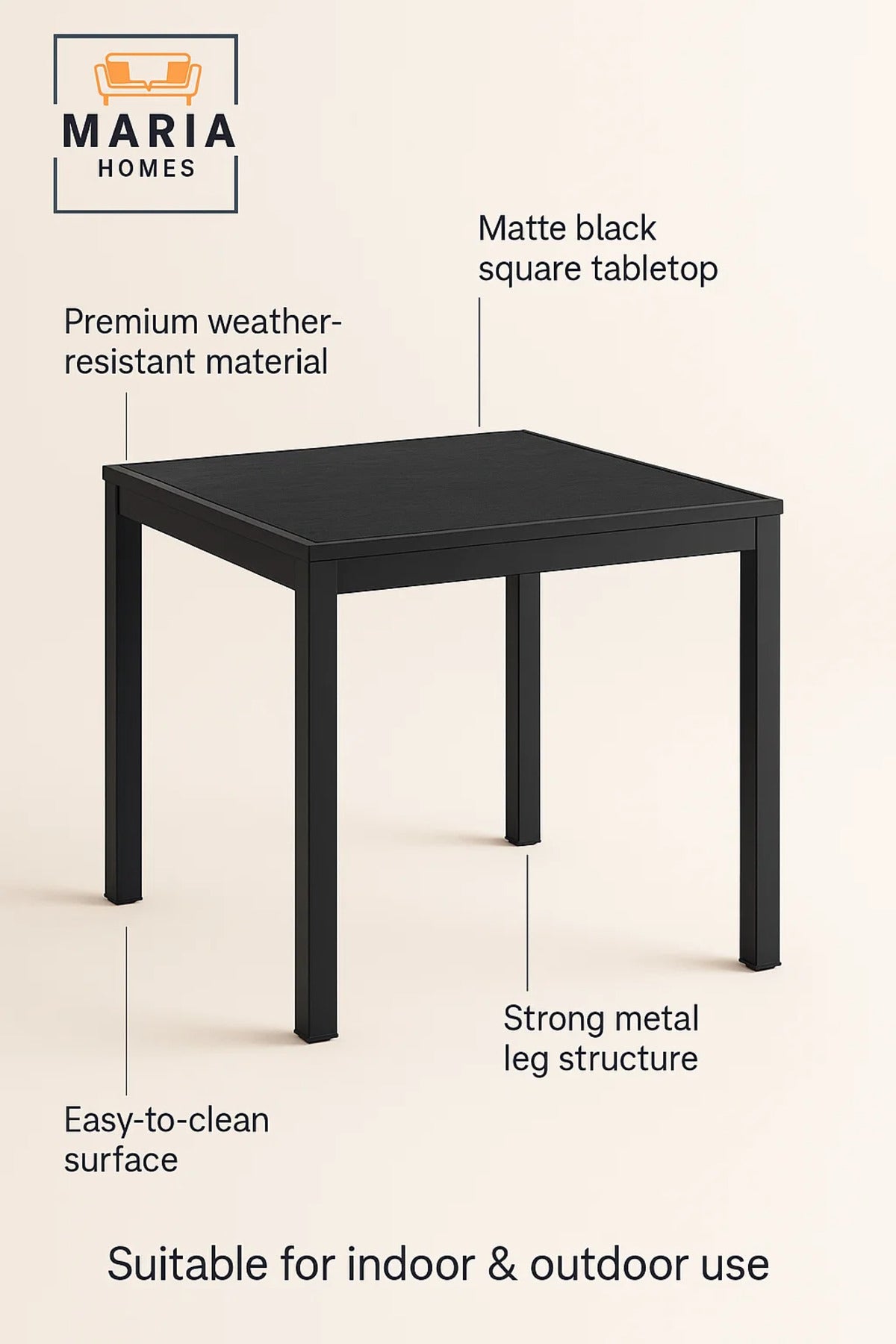Stylish Black Square Dining Table 70x70x75 | Metal Frame | Modern Indoor Outdoor Table