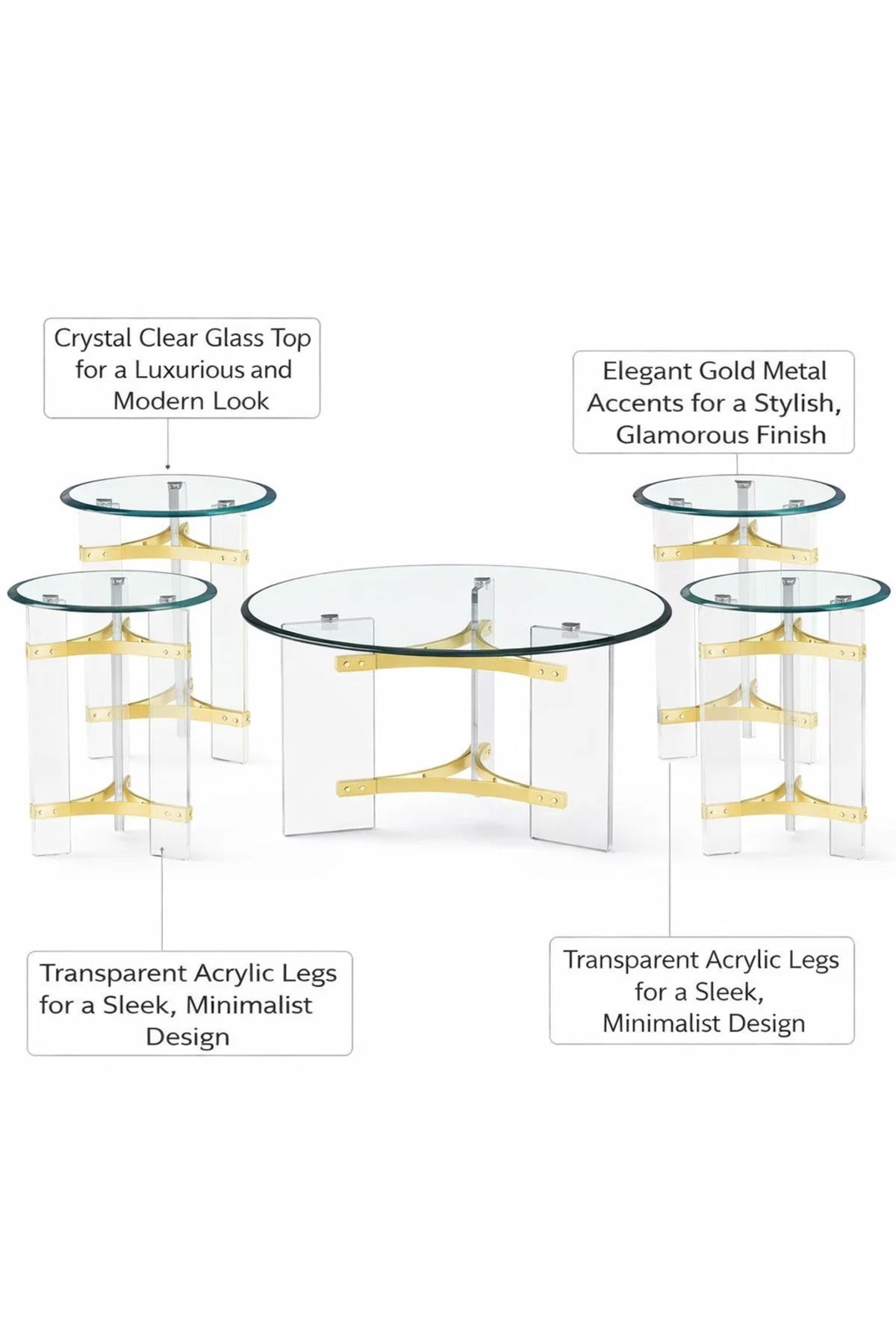 5-Piece Glass Coffee Table Set with Gold Acrylic Base √ê Modern Living Room Set