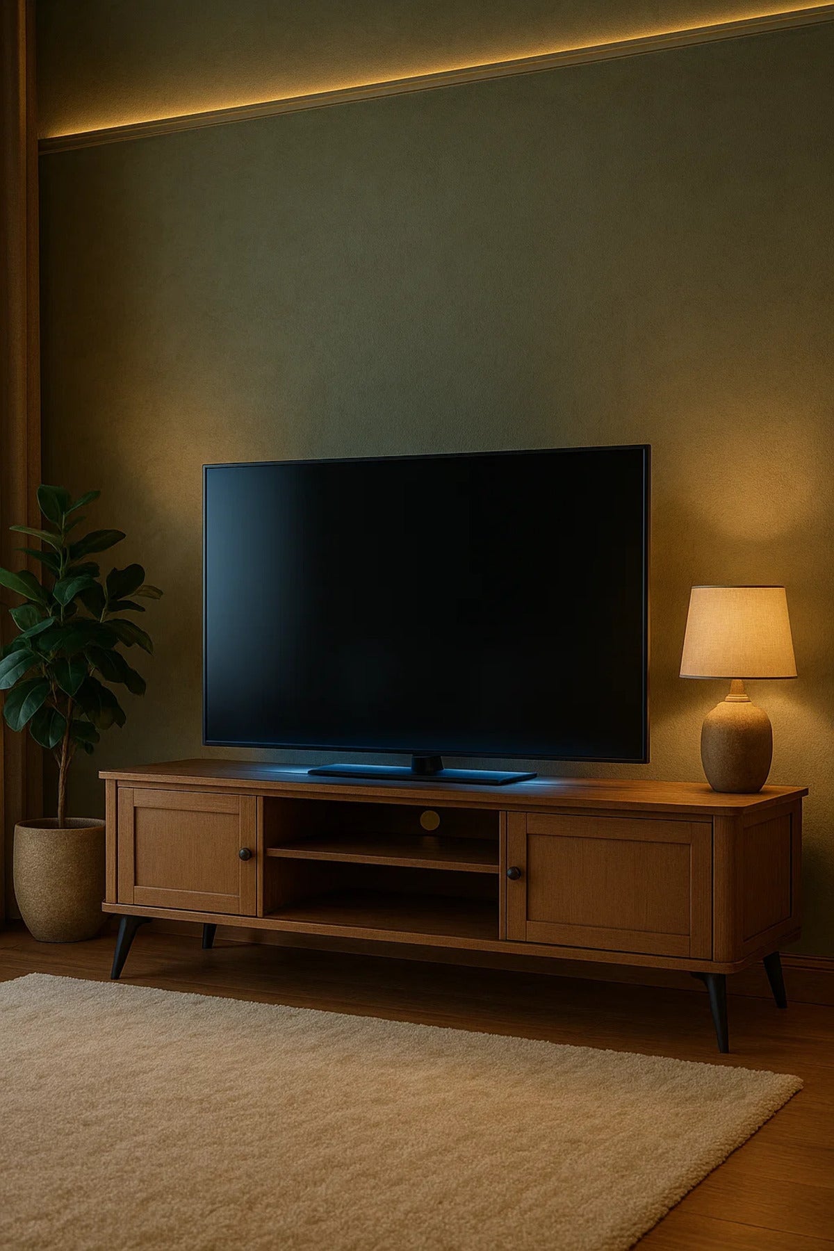 Rattan Door TV Stand with Open Shelves Ð 200x40x50 cm Brown Mid-Century Console