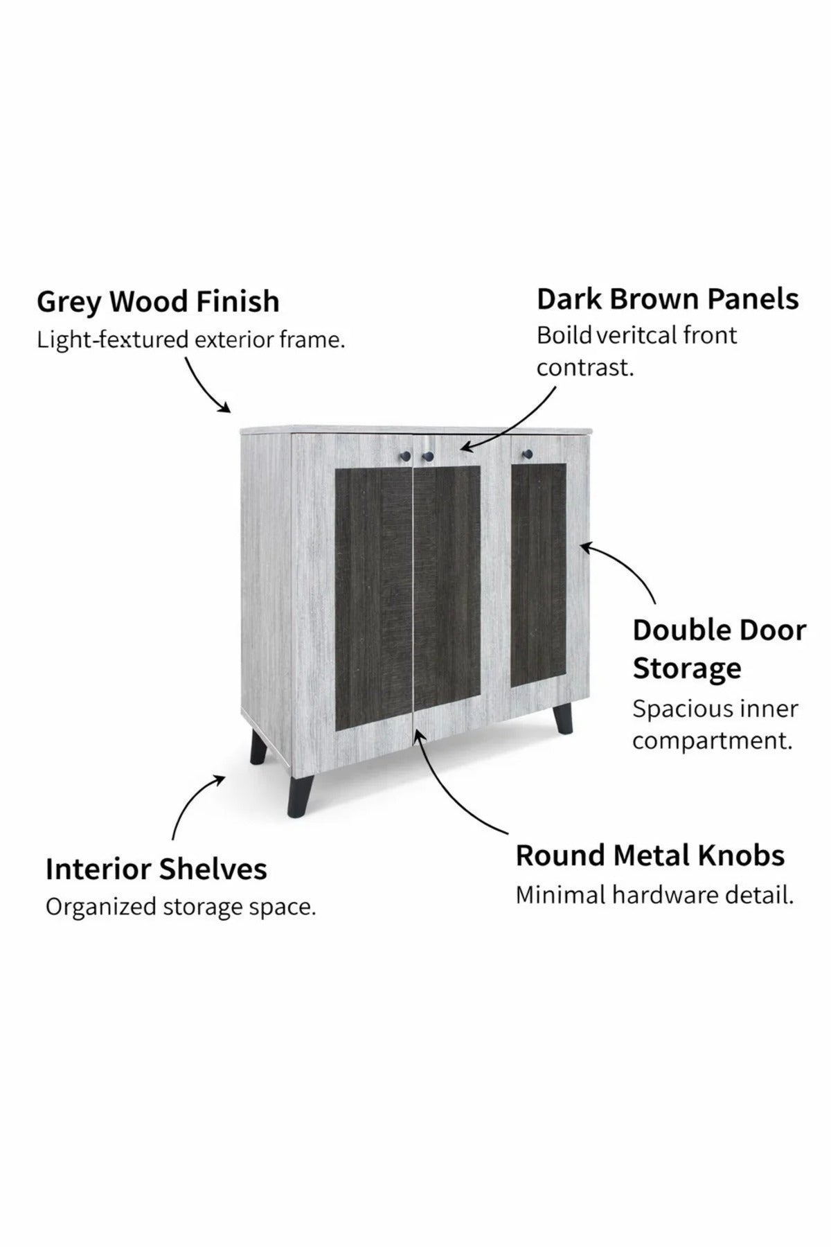 Stylish Grey Wood Shoe Cabinet with Dark Accents 3-Door Entryway Organizer Rack 90cm Width Unit