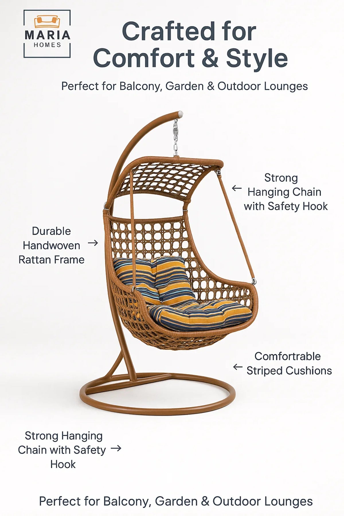 Rattan Hanging Swing Chair with Stand and Canopy for Indoor Outdoor Garden Patio Balcony