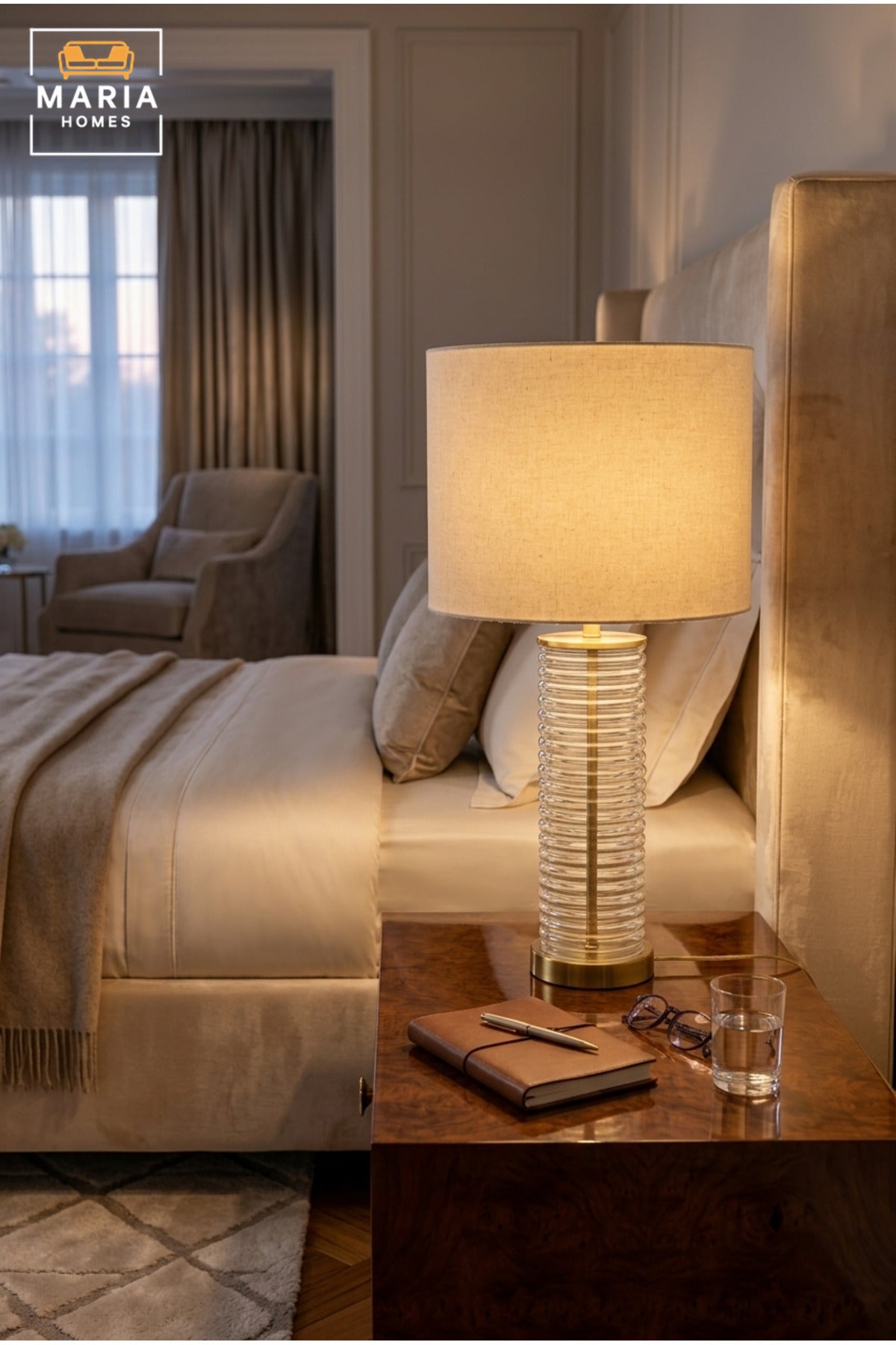 Modern Clear Ribbed Glass Table Lamp with Fabric Drum Shade and Gold Accents Elegant Bedside Light for Bedroom Living Room Office and Hotel Décor