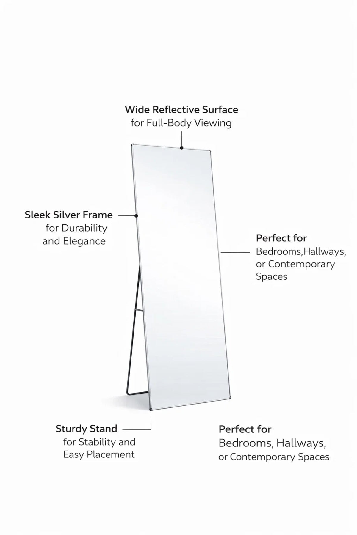 Modern Full Body Standing Mirror 180x60cm Large Floor Mirror for Bedroom Hallway Silver Frame
