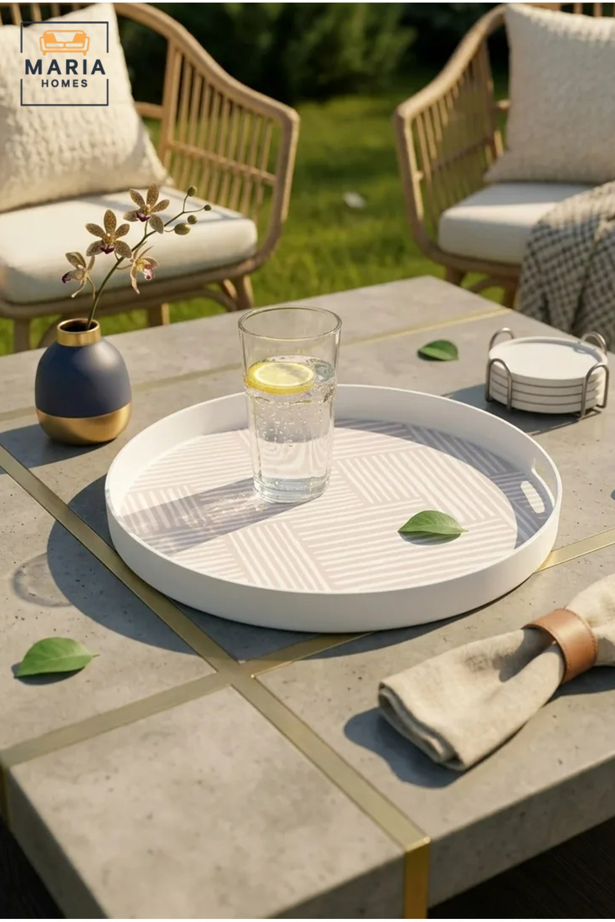 Round Serving Tray with Raised Rim and Textured Base, Multipurpose Drinks and Food Tray for Kitchen, Dining Table, Café, Patio and Garden