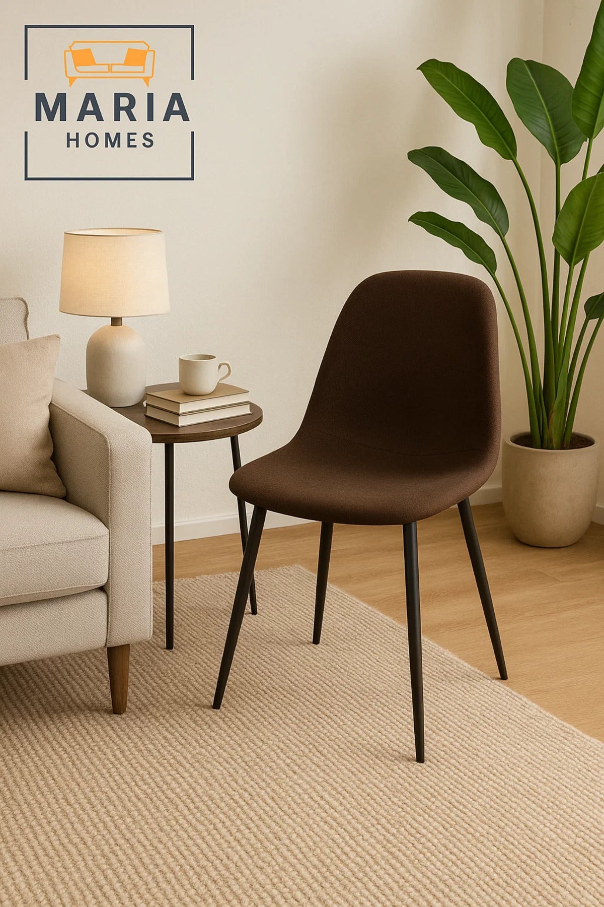 Modern Brown Fabric Dining Chair with Black Metal Legs