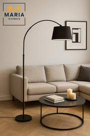 Modern Black Arc Floor Lamp with Black Fabric Shade Ð Stylish Standing Light