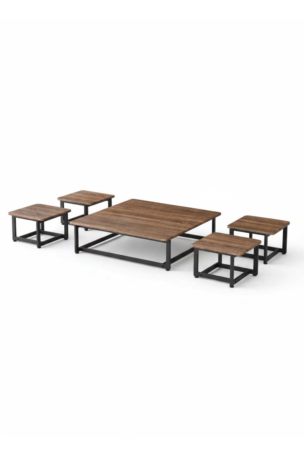 5 Piece Low Center Table Set Industrial Wood Metal Frame Square Coffee Table for Floor Seating Area