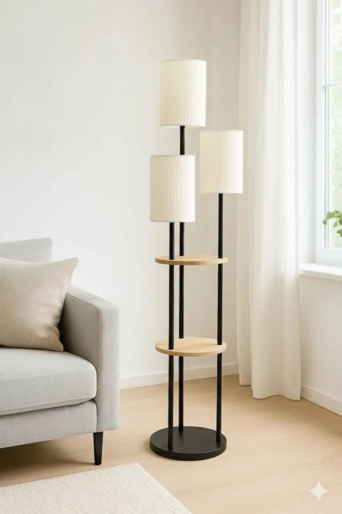 Multi-Light Floor Lamp with Shelves and Cream Shades