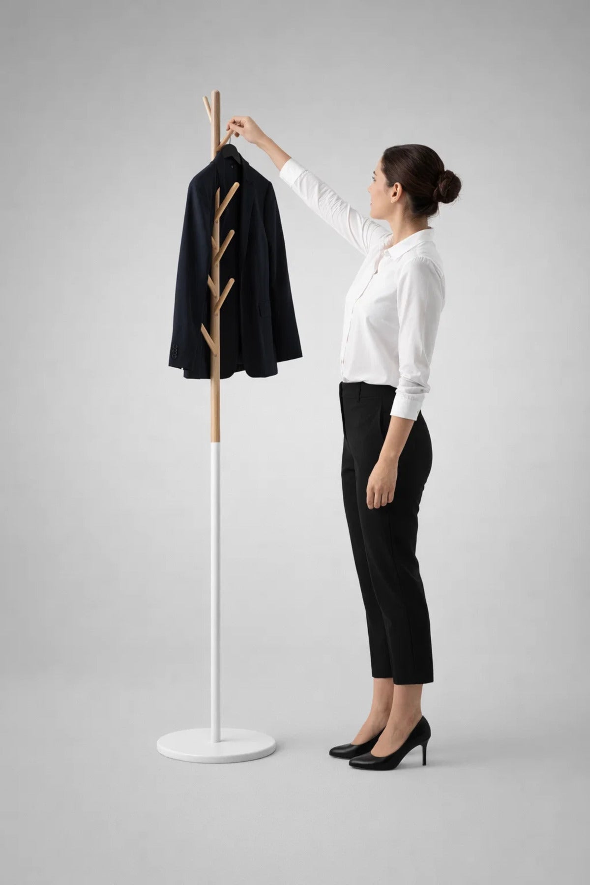 Modern Two Tone White and Wood Coat Hanger Stand for Hallway Living Room and Office Entrance Decor