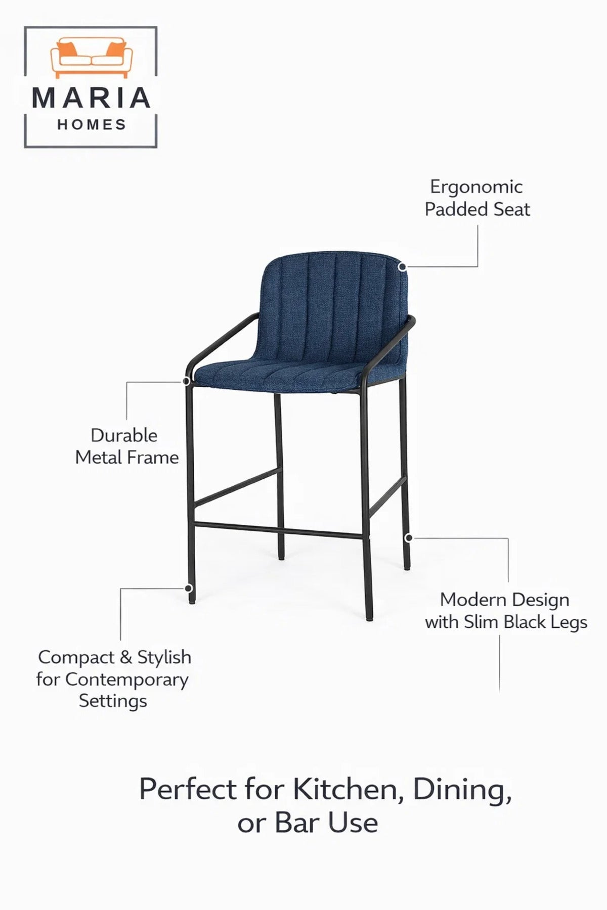 Deep Blue Upholstered Bar Stool with Black Metal Frame Ð Modern Counter Chair with Armrests