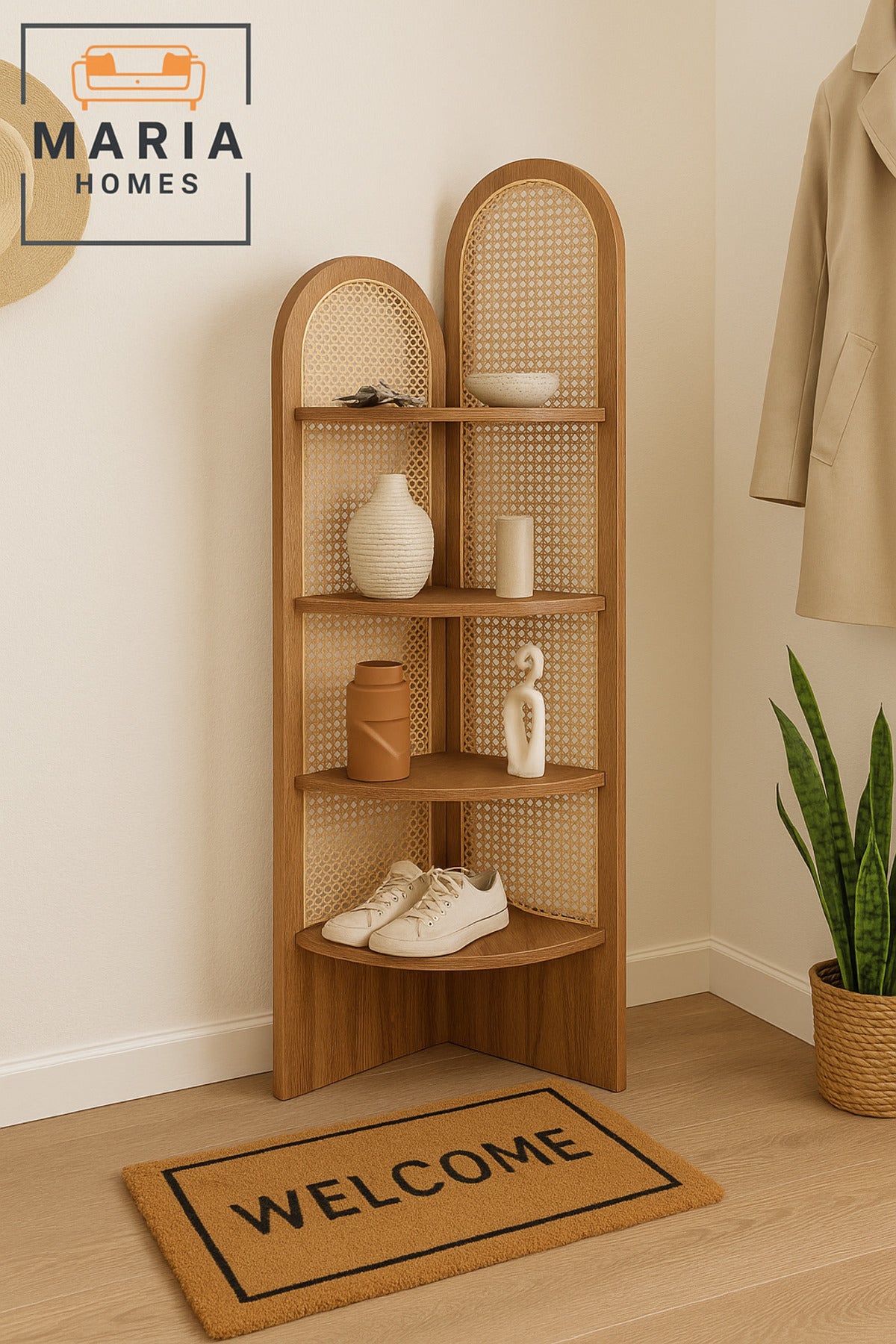 Brown Rattan Corner Shelf Ð 180_40_40 cm Modern Space-Saving Display Rack