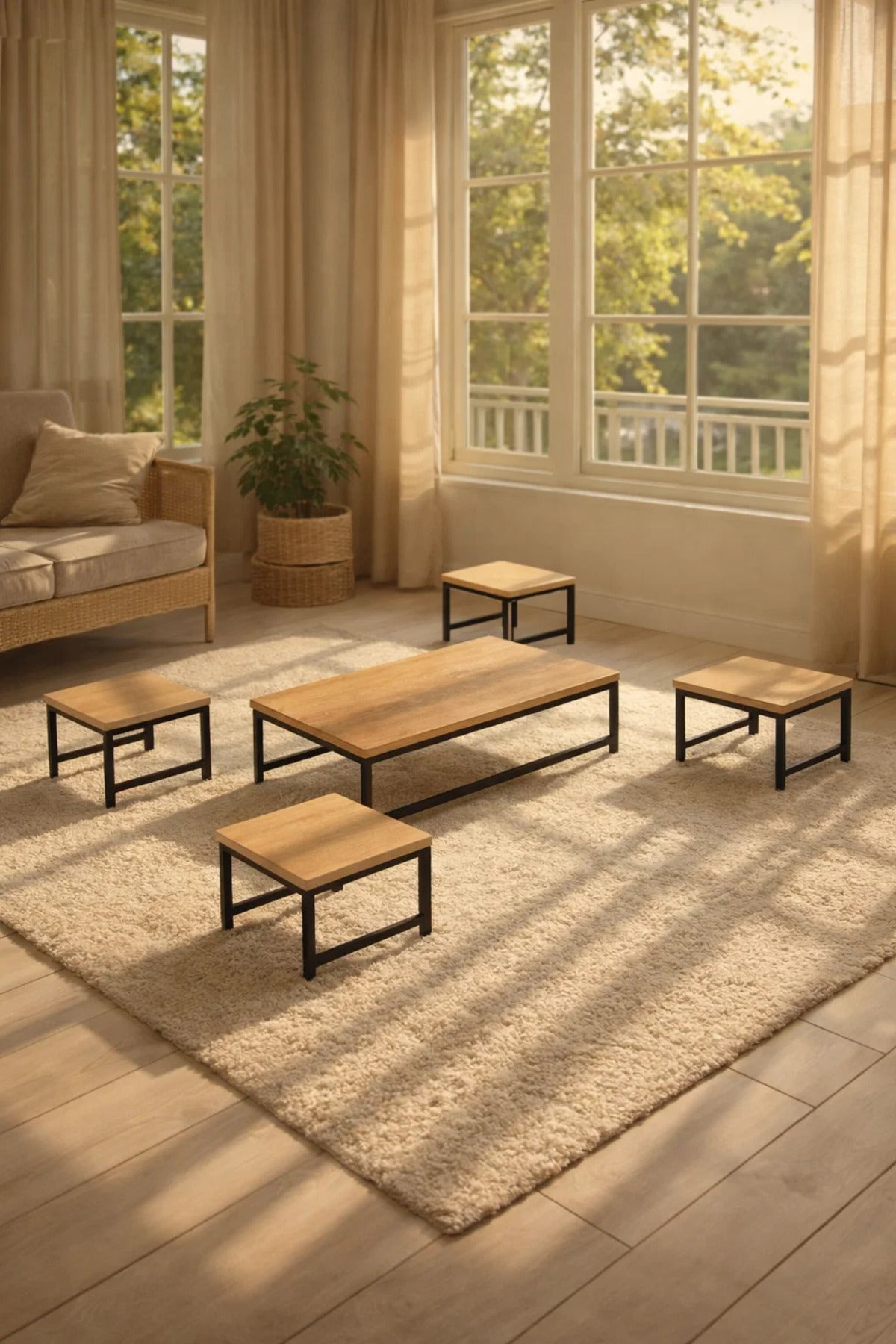 Modern 5-Piece Low Center Table Set Wood Top Black Metal Frame for Living Room Floor Seating