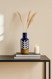 Dark Blue and White Ceramic Vase Ð Tall Cylindrical Geometric Decorative Vase