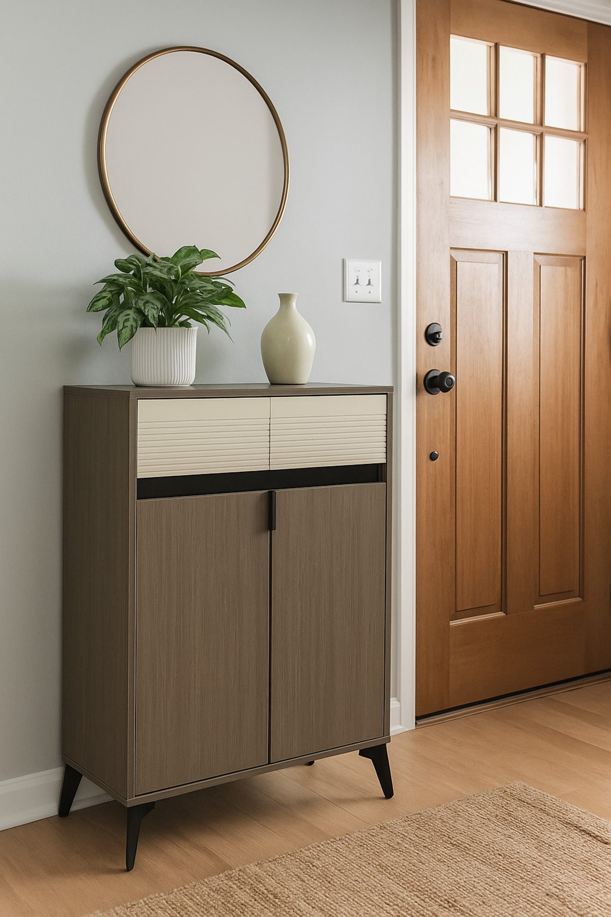 Modern Grey Storage Cabinet with Cream Drawers Ð 2-Door Wooden Sideboard 80_33_95 cm